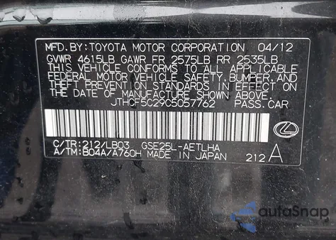 2012 Lexus Is 250 from USA, damaged, VIN JTHCF5C29C5057762